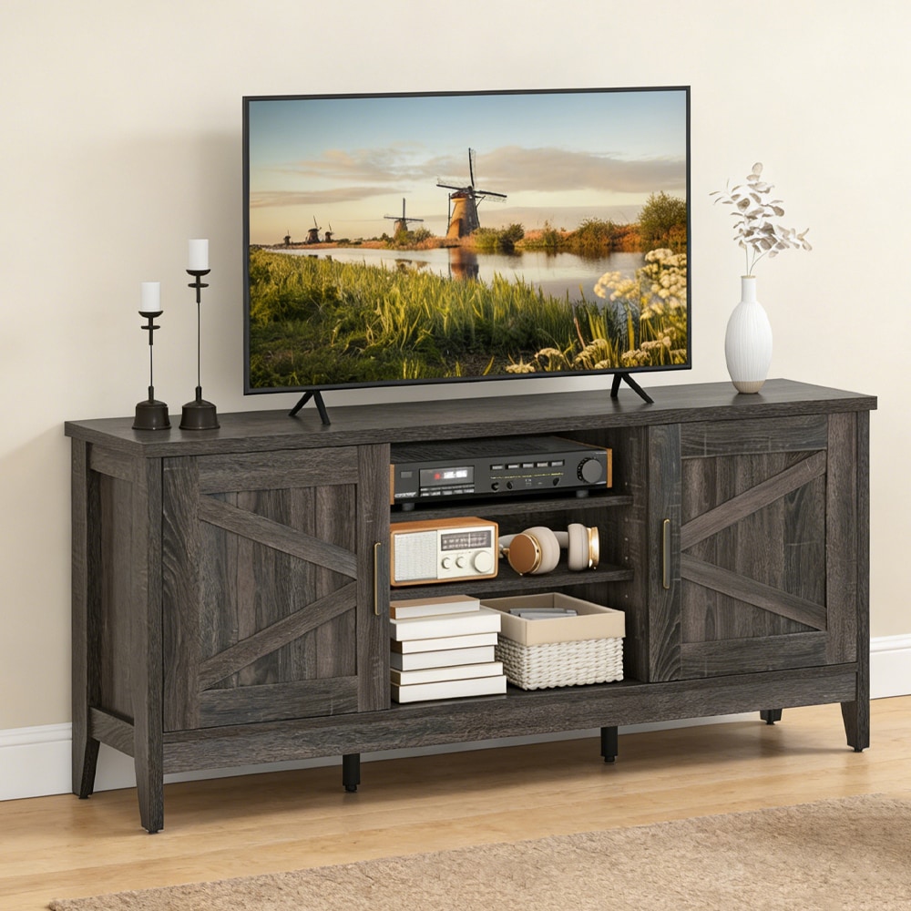 Farmhouse Tv Stand With Storage Cabinets And Adjustable Shelves_voghion.com
